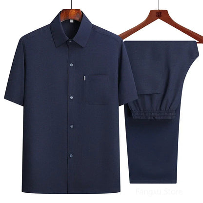 Conjunto de Dos Piezas con Camisa Abotonada y Pantalón con Cintura Elástica para Mujer | Ideal para Uso Diario