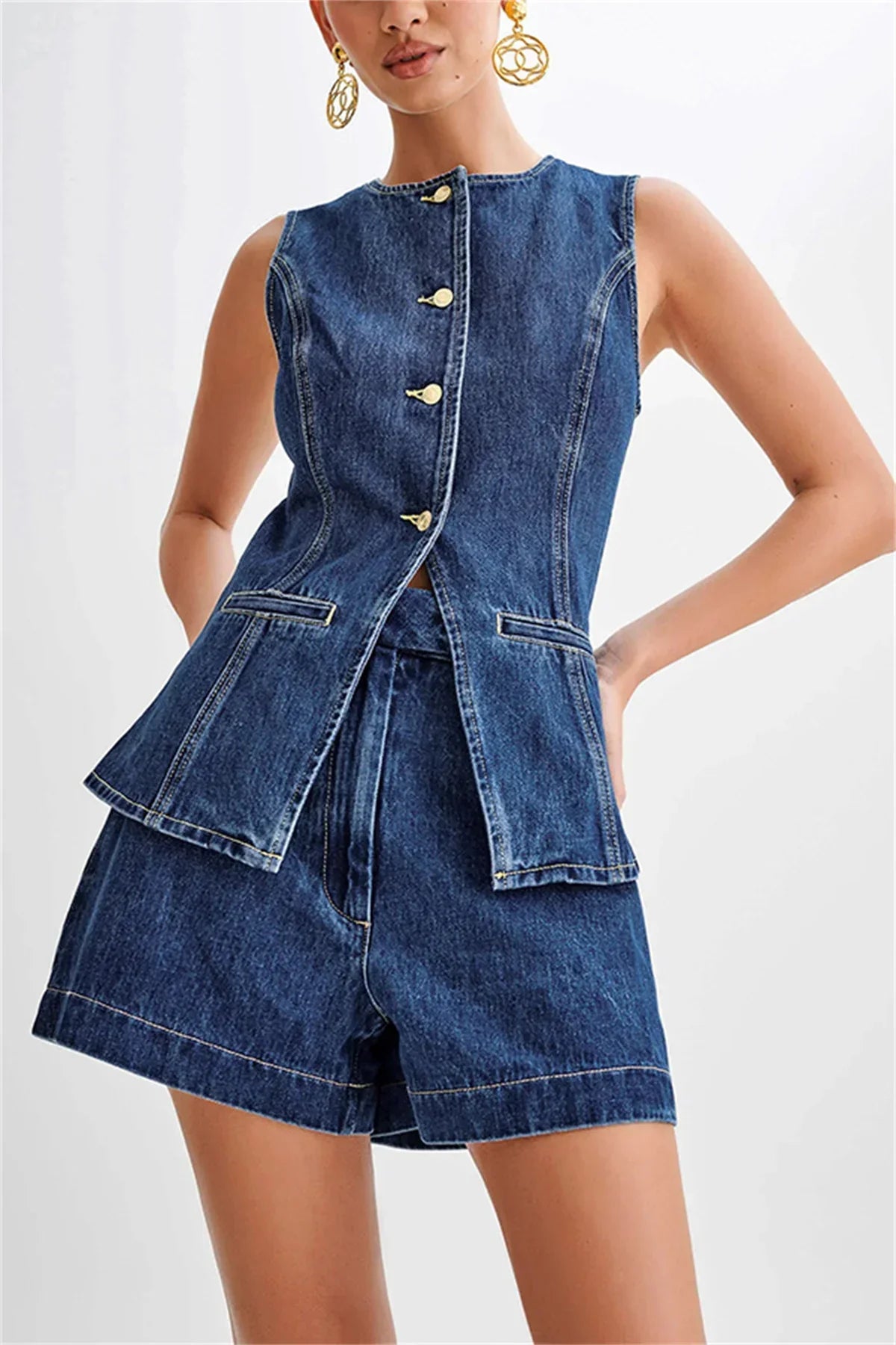 Conjunto De Dos Piezas con Top Sin Mangas y Shorts De Talle Alto para Mujer | Ideal para Uso Diario