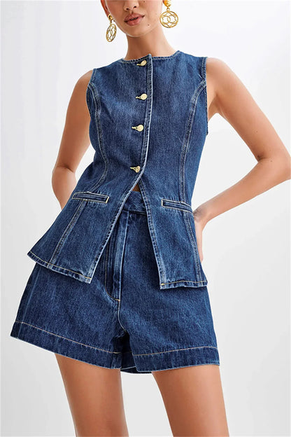 Conjunto De Dos Piezas con Top Sin Mangas y Shorts De Talle Alto para Mujer | Ideal para Uso Diario