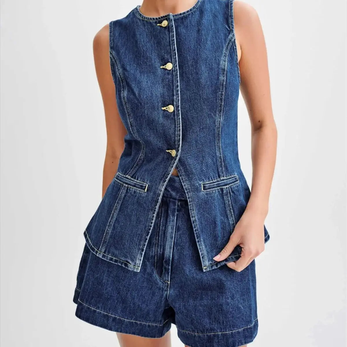 Conjunto De Dos Piezas con Top Sin Mangas y Shorts De Talle Alto para Mujer | Ideal para Uso Diario