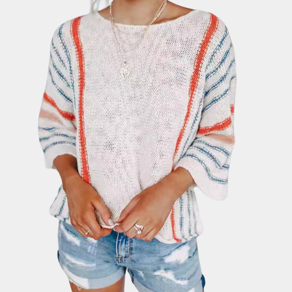 Jersey de Punto Suelto con Rayas Coloridas y Mangas Tres Cuartos para Mujer | Ideal para Uso Diario