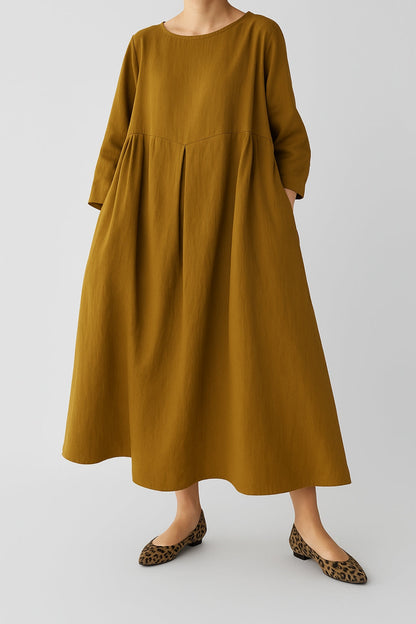 Vestido Midi Con Pliegues Frontales Y Corte Relajado Para Mujer | Ideal Para Días Cálidos Y Uso Diario
