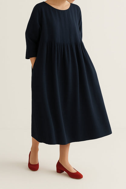 Vestido Midi Con Pliegues Frontales Y Corte Relajado Para Mujer | Ideal Para Días Cálidos Y Uso Diario