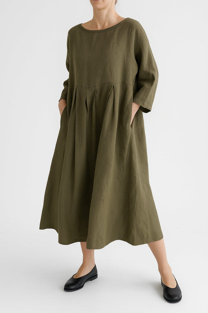 Vestido Midi Con Pliegues Frontales Y Corte Relajado Para Mujer | Ideal Para Días Cálidos Y Uso Diario