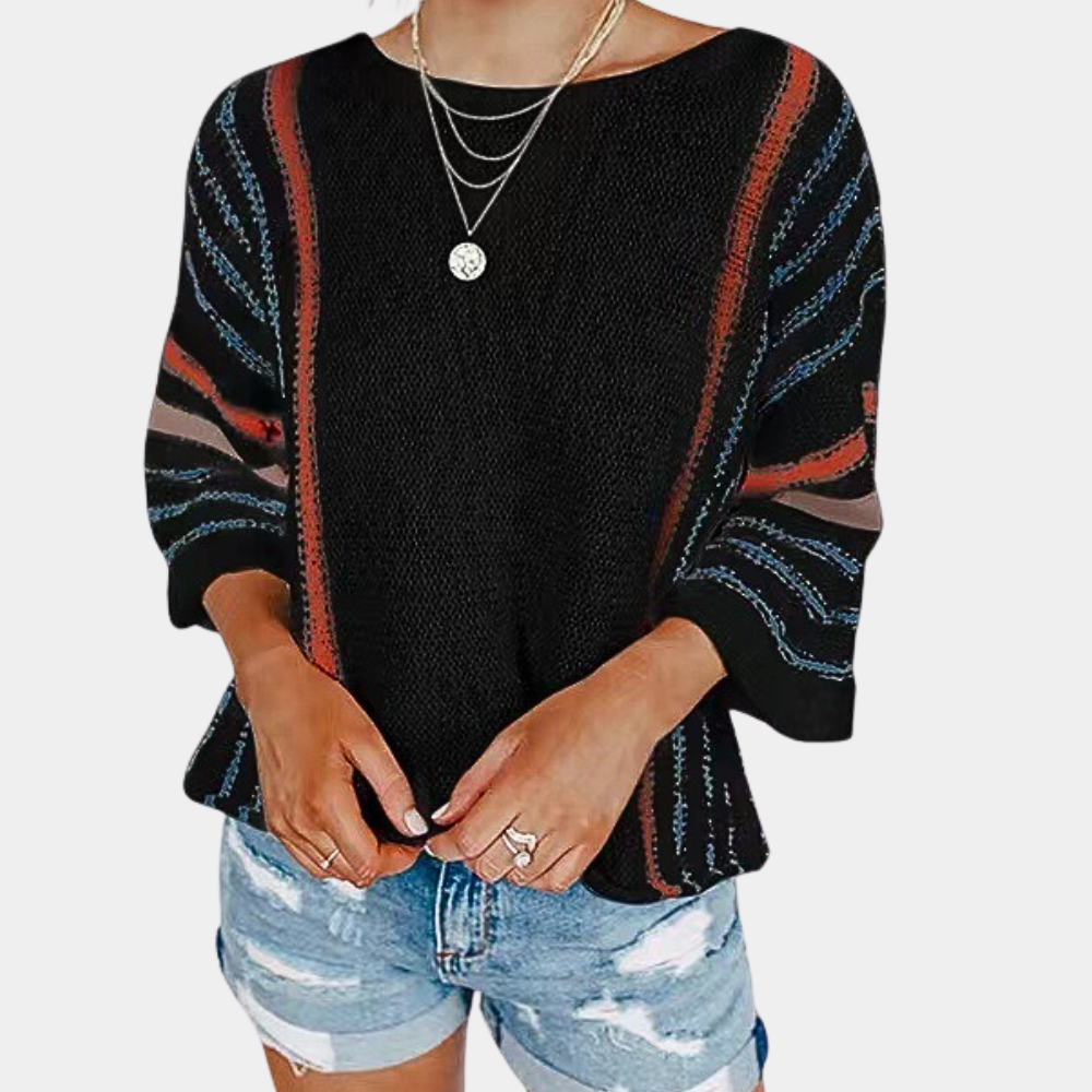 Jersey de Punto Suelto con Rayas Coloridas y Mangas Tres Cuartos para Mujer | Ideal para Uso Diario