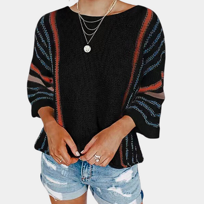 Jersey de Punto Suelto con Rayas Coloridas y Mangas Tres Cuartos para Mujer | Ideal para Uso Diario