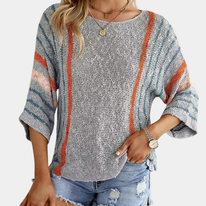 Jersey de Punto Suelto con Rayas Coloridas y Mangas Tres Cuartos para Mujer | Ideal para Uso Diario