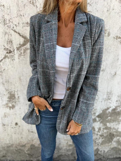 Blazer De Corte Recto Con Botones Y Motivo Príncipe De Gales Para Mujer | Ideal Para Trabajo O Uso Diario