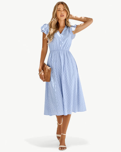 Vestido Midi Con Mangas Con Volantes Y Botones Frontales Para Mujer | Ideal Para Uso Diario Y Ocasiones Informales