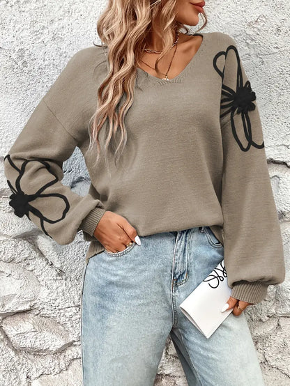 Jersey De Manga Larga Con Escote En V Y Bordados Florales Para Mujer | Ideal Para Uso Diario Y Superposición