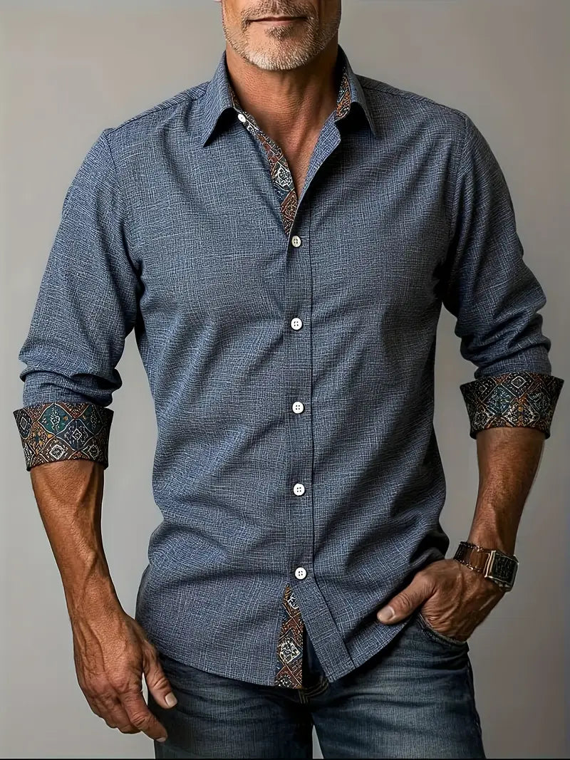 Camisa de Manga Larga con Cierre de Botones y Detalles Contrastantes para Hombre | Ideal para Uso Diario y Contextos Formales