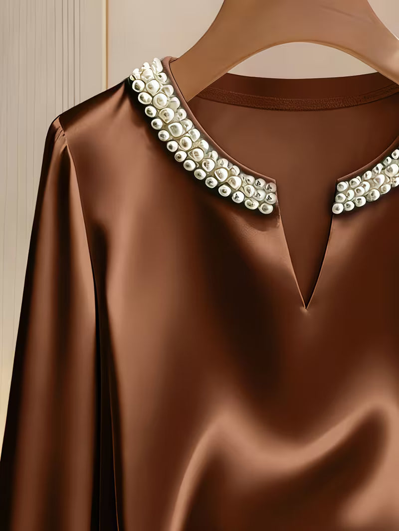 Camisa con Mangas Largas y Detalles de Perlas para Mujeres | Ideal para Trabajo y Ocasiones Especiales