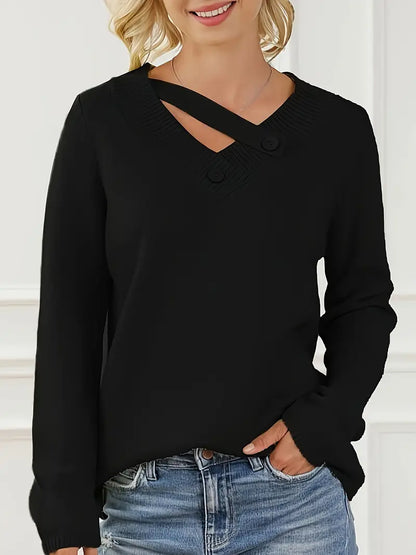 Jersey De Manga Larga Con Escote En V Y Detalle De Botones Para Mujer | Ideal Para Uso Diario Y Superposición