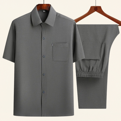 Conjunto de Dos Piezas con Camisa Abotonada y Pantalón con Cintura Elástica para Mujer | Ideal para Uso Diario