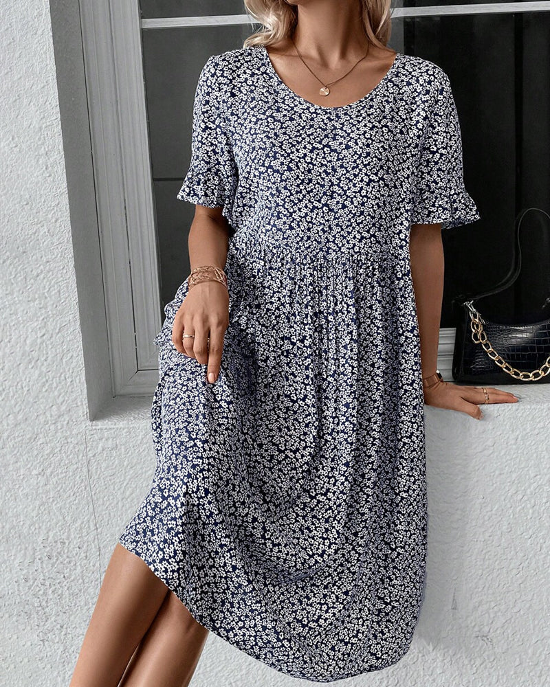 Vestido Midi con Cuello Redondo y Manga Corta Para Mujer | Ideal Para Uso Diario y Salidas Planificadas