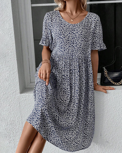 Vestido Midi con Cuello Redondo y Manga Corta Para Mujer | Ideal Para Uso Diario y Salidas Planificadas