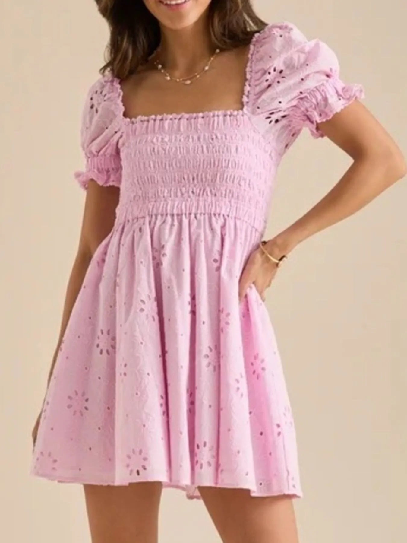 Vestido Mini Con Bordado Inglés Y Manga Abullonada Para Mujer | Ideal Para Uso Diario Y Ocasiones Informales
