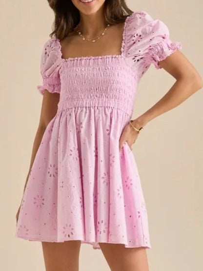 Vestido Mini Con Bordado Inglés Y Manga Abullonada Para Mujer | Ideal Para Uso Diario Y Ocasiones Informales