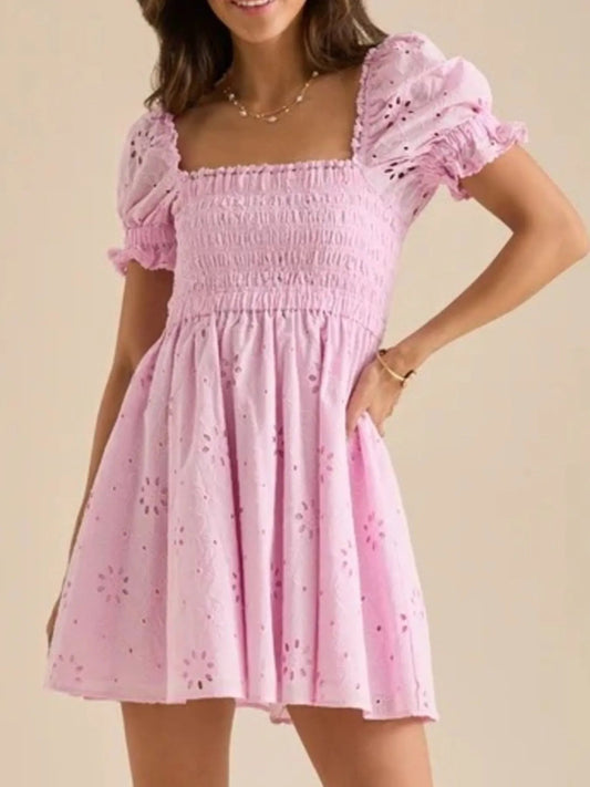 Vestido Mini Con Bordado Inglés Y Manga Abullonada Para Mujer | Ideal Para Uso Diario Y Ocasiones Informales