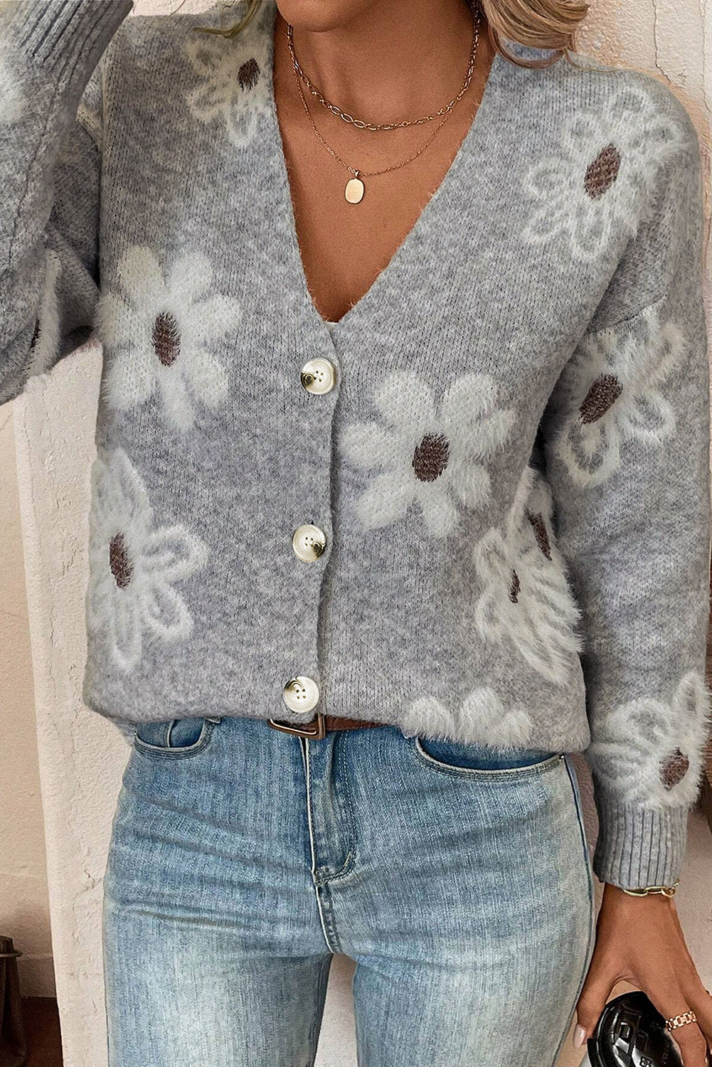 Cárdigan Con Motivo Floral Y Cuello En V Con Botones Para Mujer | Ideal Para Uso Diario
