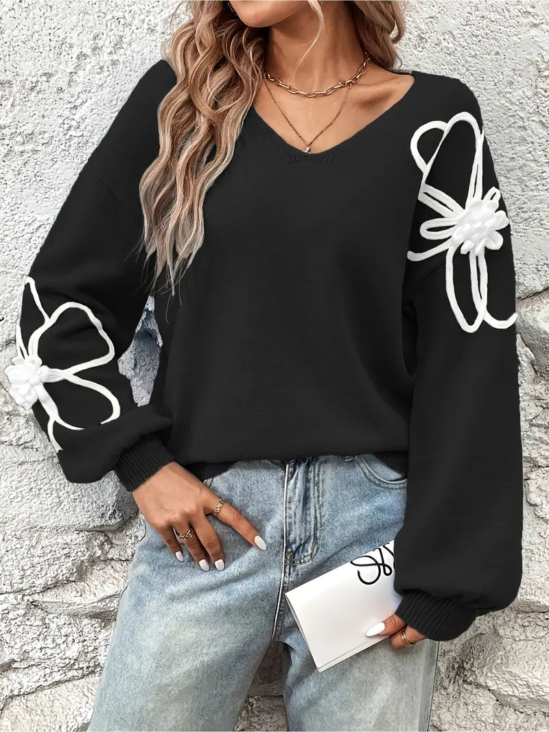 Jersey De Manga Larga Con Escote En V Y Bordados Florales Para Mujer | Ideal Para Uso Diario Y Superposición