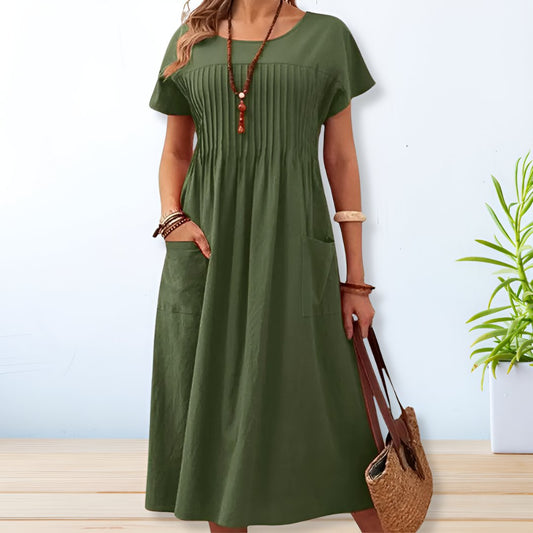 Vestido Midi Con Corte Amplio Y Pliegues Para Mujer | Ideal Para Días Cálidos Y Uso Diario