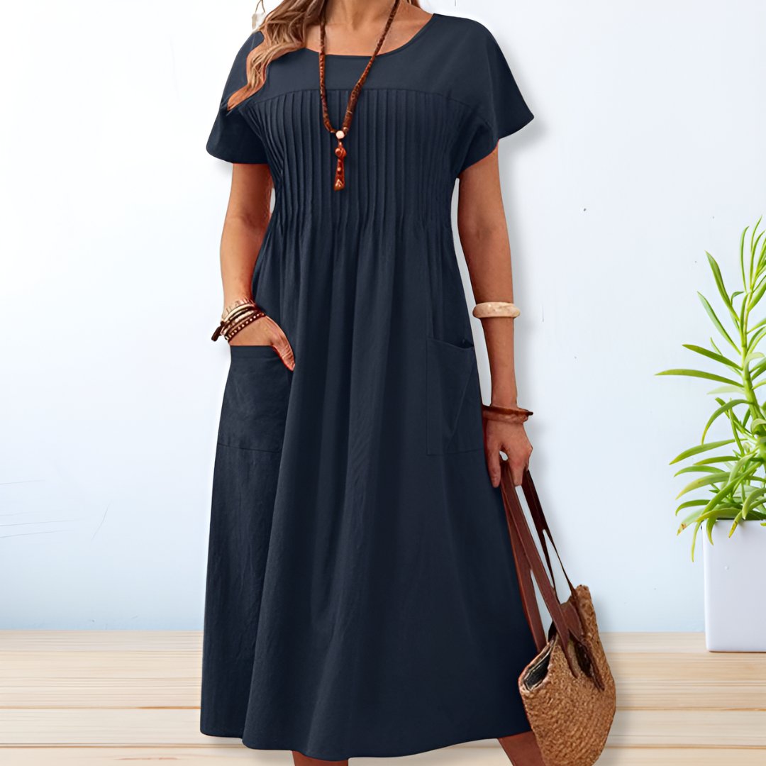 Vestido Midi Con Corte Amplio Y Pliegues Para Mujer | Ideal Para Días Cálidos Y Uso Diario
