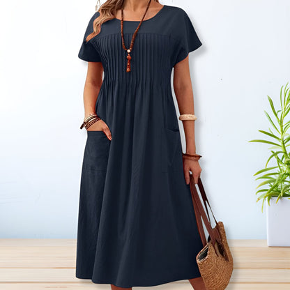 Vestido Midi Con Corte Amplio Y Pliegues Para Mujer | Ideal Para Días Cálidos Y Uso Diario