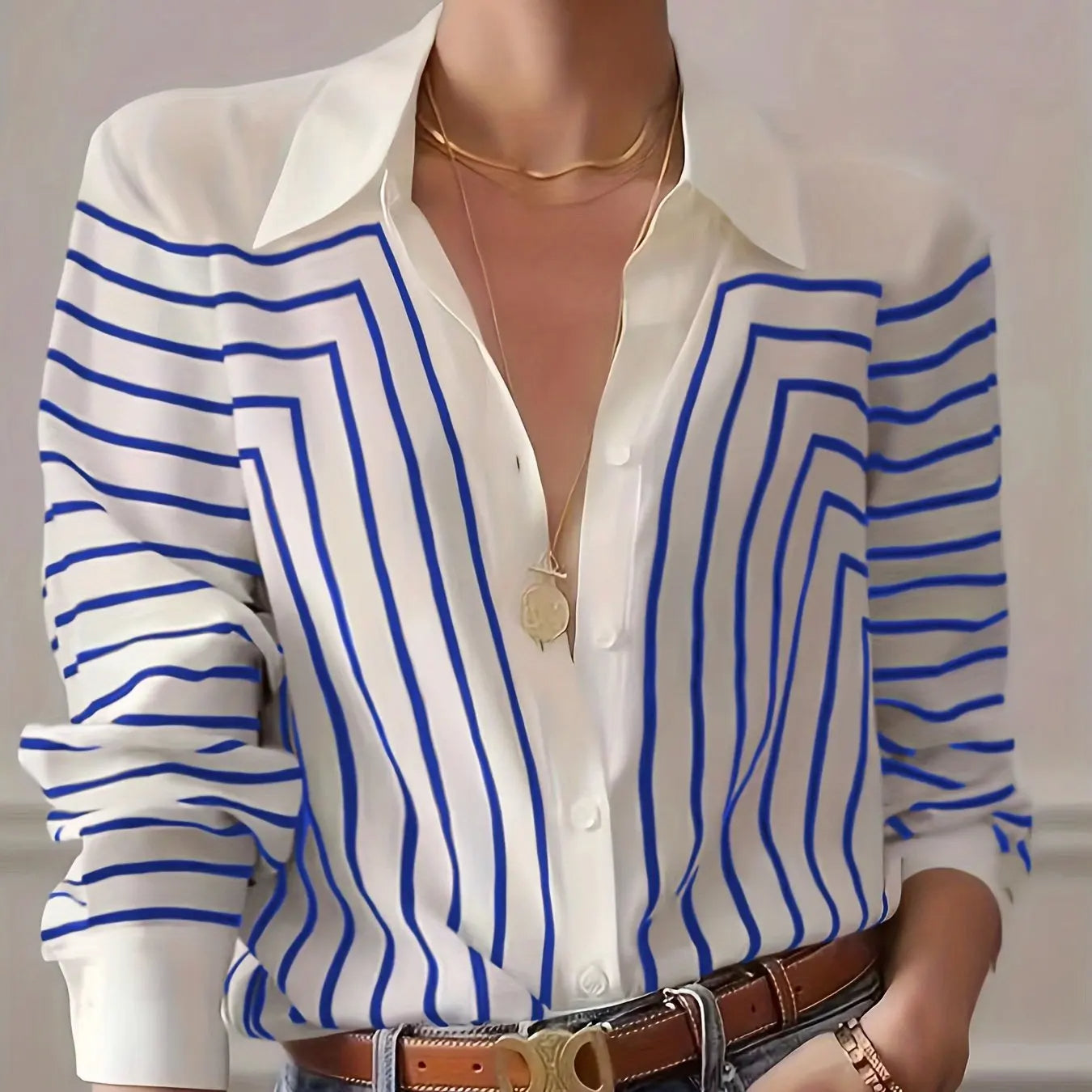 Blusa A Rayas Con Cierre Abotonado Para Mujer | Ideal Para Uso Diario Y Semi-Formal