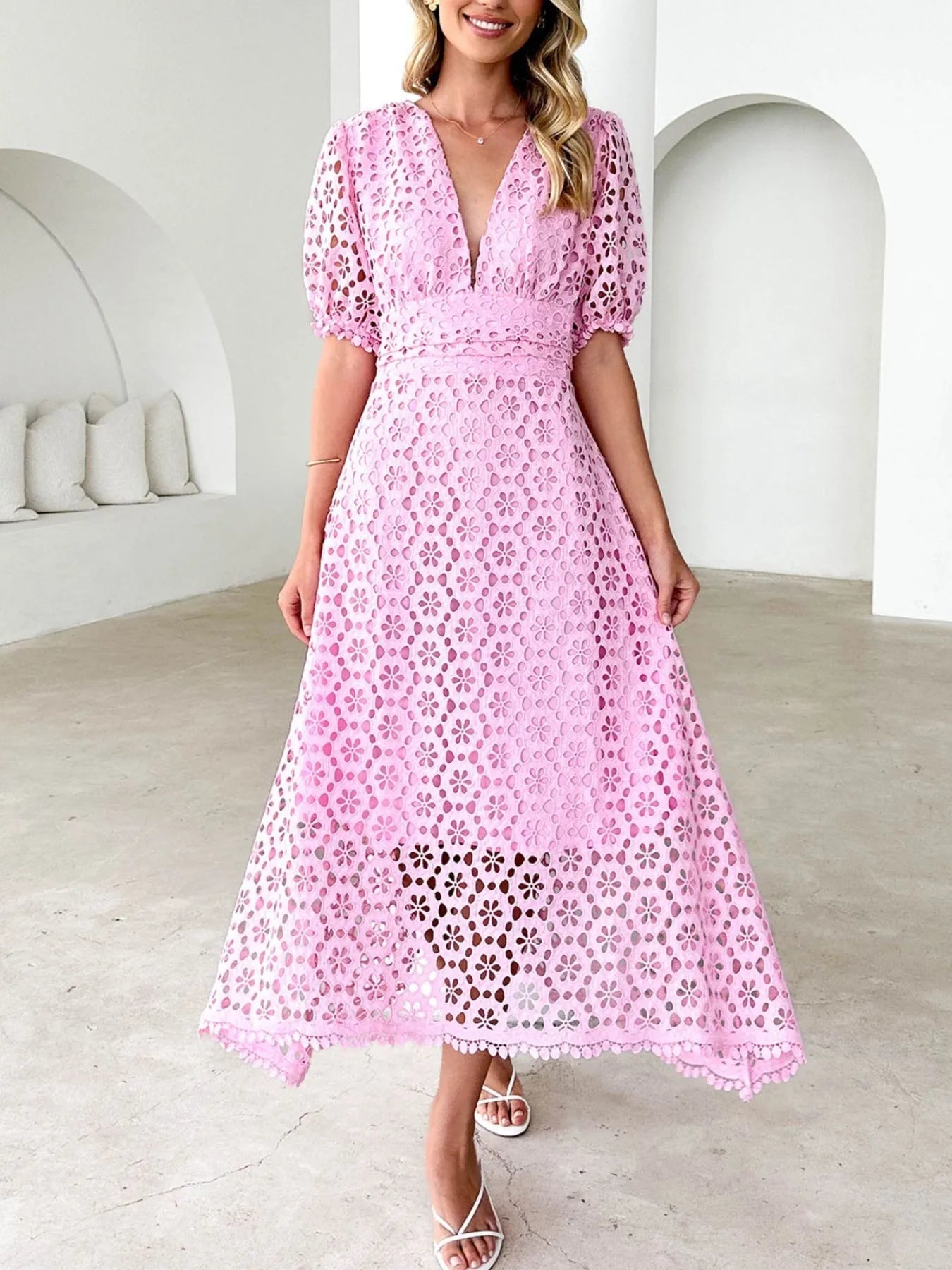 Vestido Midi Con Cuello En V Y Mangas Voluminosas Para Mujer | Ideal Para Eventos Formales