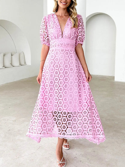 Vestido Midi Con Cuello En V Y Mangas Voluminosas Para Mujer | Ideal Para Eventos Formales