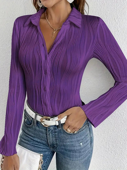 Blusa Con Superficie Acanalada Y Cierre De Botones Para Mujer | Ideal Para Uso Diario Y Oficina