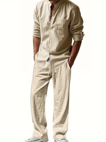 Conjunto de Dos Piezas con Camisa de Cuello Mao y Pantalón con Cintura Ajustable para Hombre | Ideal para Uso Diario