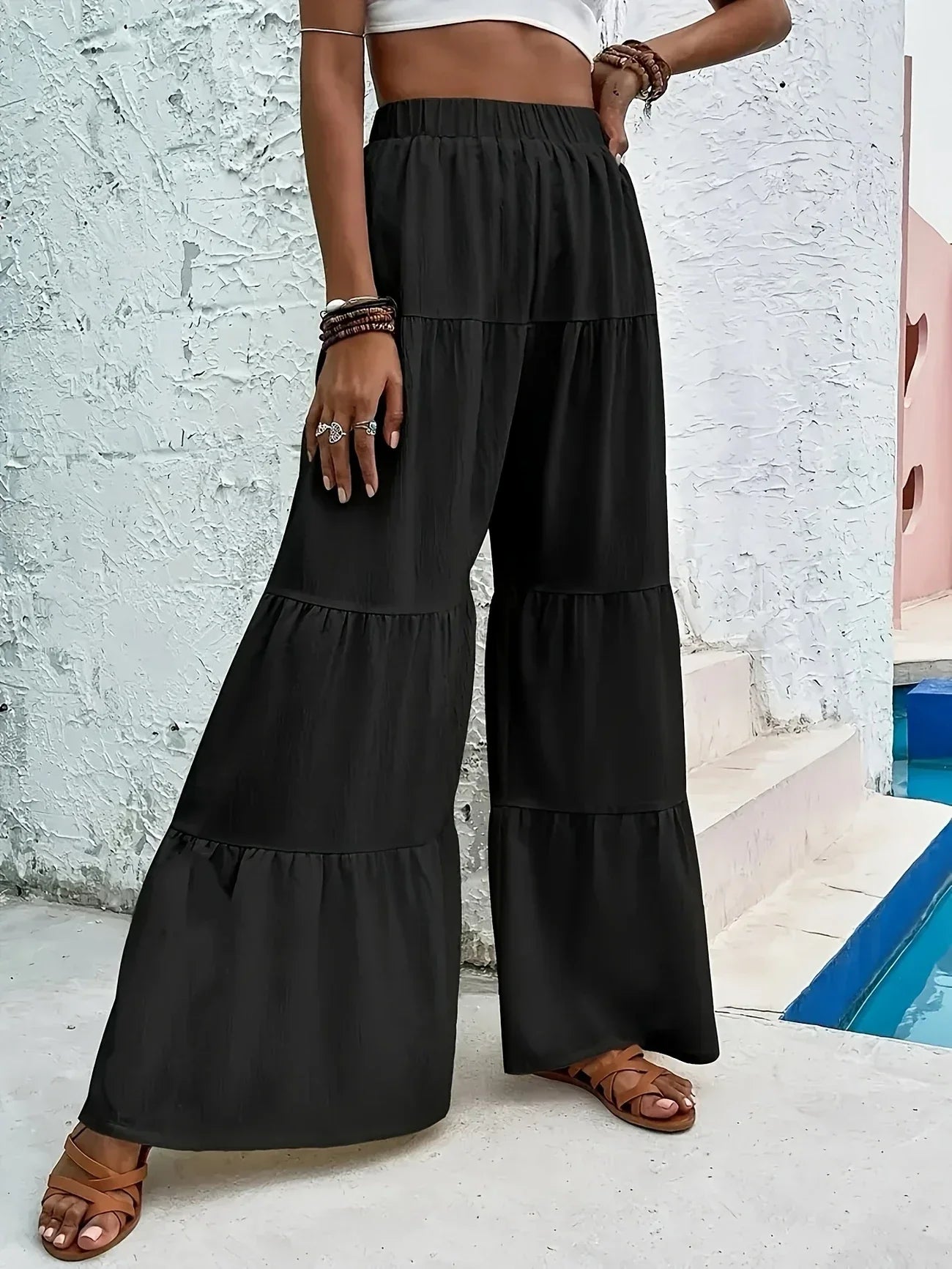 Pantalón de Pierna Ancha con Dobladillo con Volantes para Mujer | Ideal para Uso Diario y Salidas