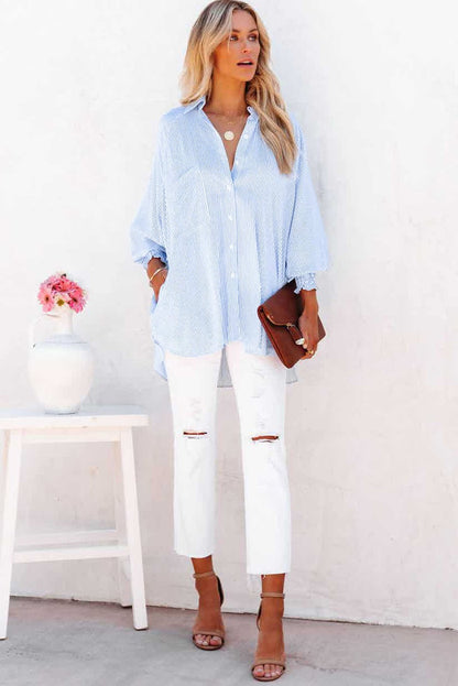Camisa Midi Con Estampado De Rayas Y Mangas Oversize Para Mujer | Ideal Para Uso Diario Y Viajes