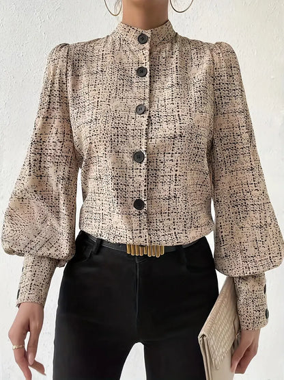 Blusa de Cuello Alto con Mangas Farol y Estampado Abstracto para Mujer | Ideal para Uso Diario