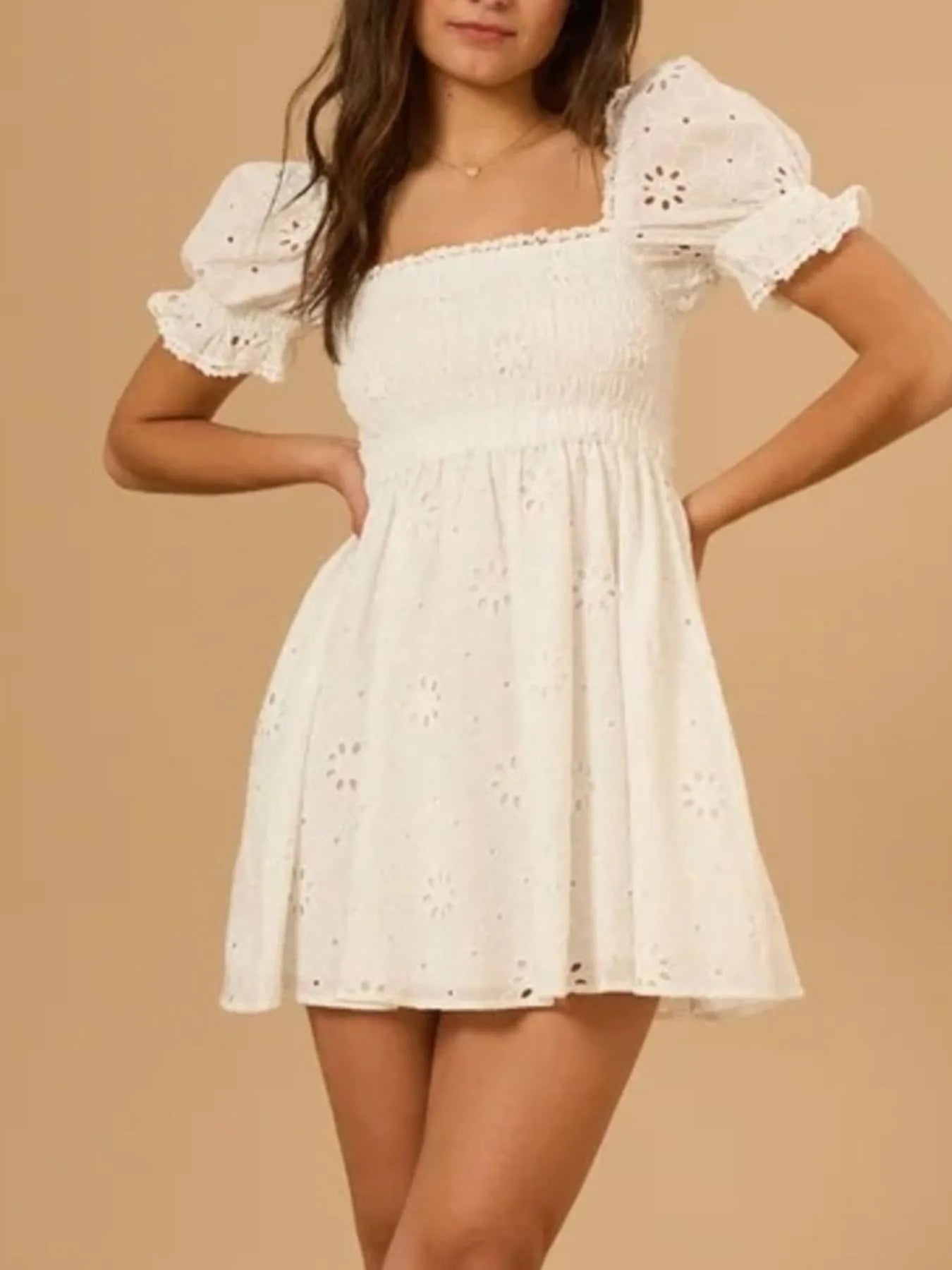 Vestido Mini Con Bordado Inglés Y Manga Abullonada Para Mujer | Ideal Para Uso Diario Y Ocasiones Informales