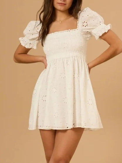 Vestido Mini Con Bordado Inglés Y Manga Abullonada Para Mujer | Ideal Para Uso Diario Y Ocasiones Informales
