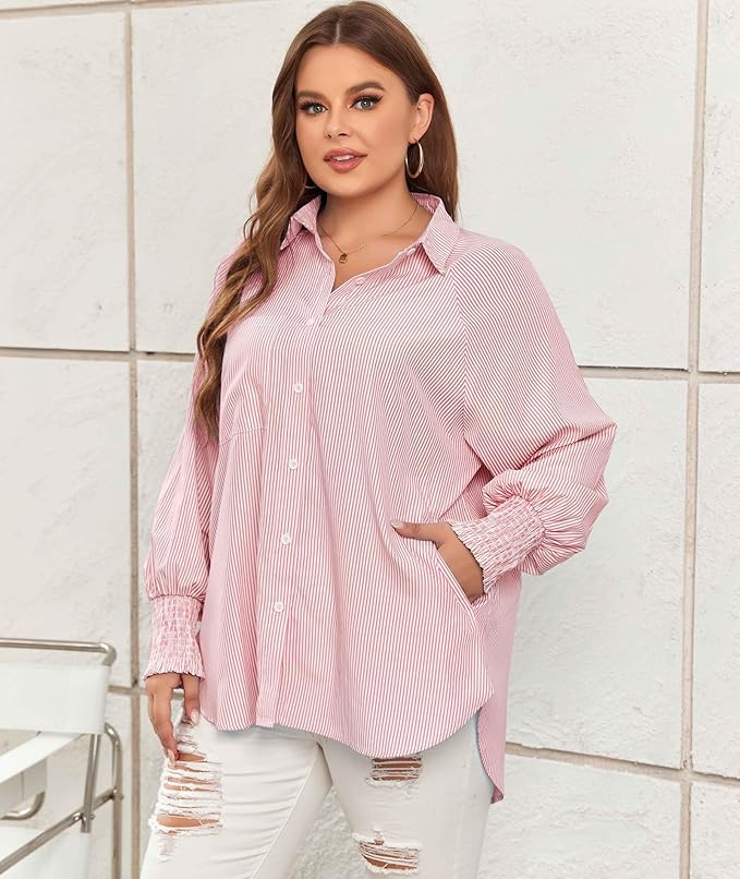 Camisa Midi Con Estampado De Rayas Y Mangas Oversize Para Mujer | Ideal Para Uso Diario Y Viajes