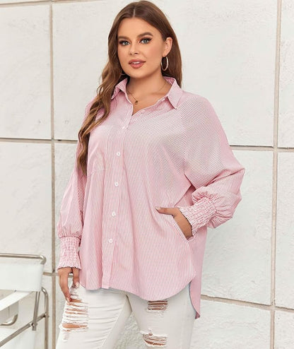 Camisa Midi Con Estampado De Rayas Y Mangas Oversize Para Mujer | Ideal Para Uso Diario Y Viajes
