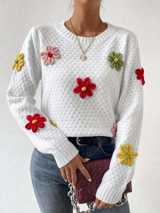 Jersey de Punto con Bordado de Flores en Relieve para Mujer | Ideal para Primavera y Otoño