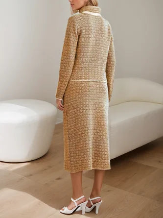 Conjunto De Dos Piezas Con Chaqueta De Cuello Redondo Contrastante Y Falda Midi Para Mujer | Ideal Para Reuniones O Eventos