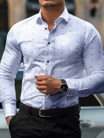 Camisa de Manga Larga con Motivo Microimpreso y Cuello Clásico para Hombre | Ideal para Uso Diario y Contextos Formales