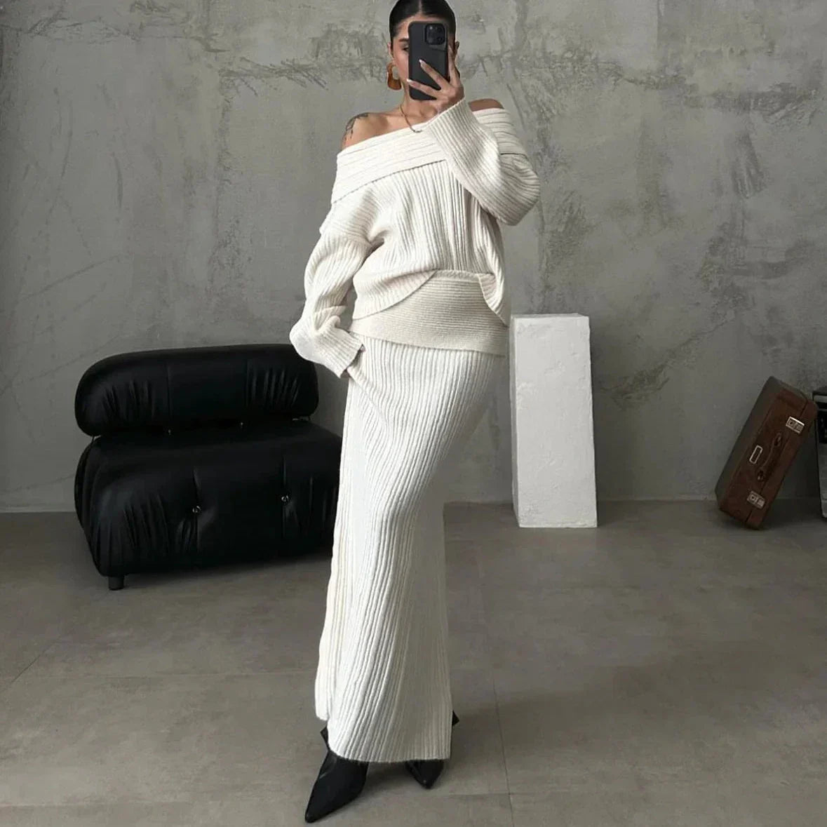 Conjunto De Dos Piezas Con Hombros Descubiertos Y Falda Ajustada Para Mujer | Ideal Para Uso Diario Y Salidas