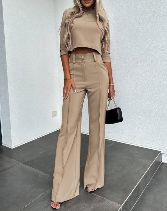 Conjunto De Top De Manga Larga Con Cuello Redondo Y Pantalón Ancho Para Mujeres | Ideal Para Uso Diario Y Oficina