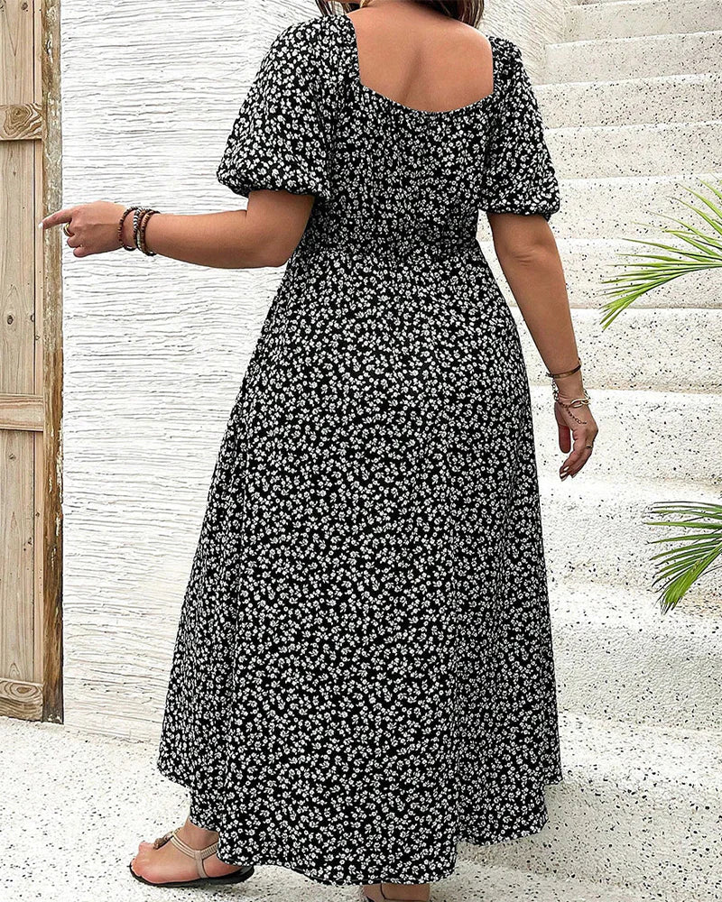 Vestido Midi Evasé Con Cuello Cuadrado Y Motivo Floral Para Mujer | Ideal Para Uso Veraniego Informal