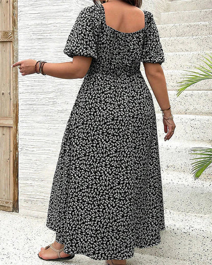 Vestido Midi Evasé Con Cuello Cuadrado Y Motivo Floral Para Mujer | Ideal Para Uso Veraniego Informal