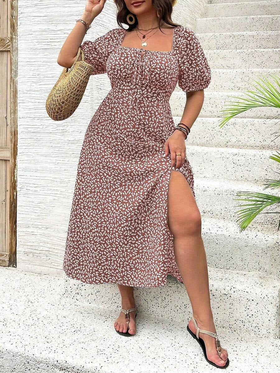 Vestido Midi Evasé Con Cuello Cuadrado Y Motivo Floral Para Mujer | Ideal Para Uso Veraniego Informal