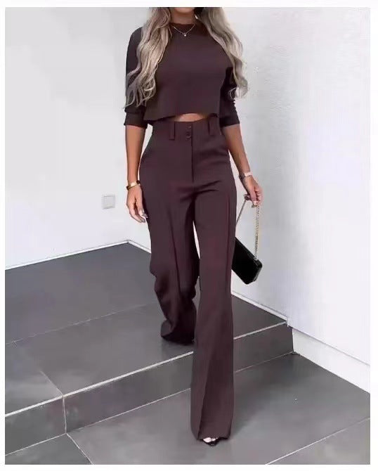 Conjunto De Top De Manga Larga Con Cuello Redondo Y Pantalón Ancho Para Mujeres | Ideal Para Uso Diario Y Oficina