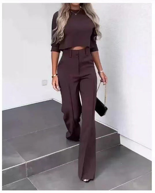 Conjunto De Top De Manga Larga Con Cuello Redondo Y Pantalón Ancho Para Mujeres | Ideal Para Uso Diario Y Oficina